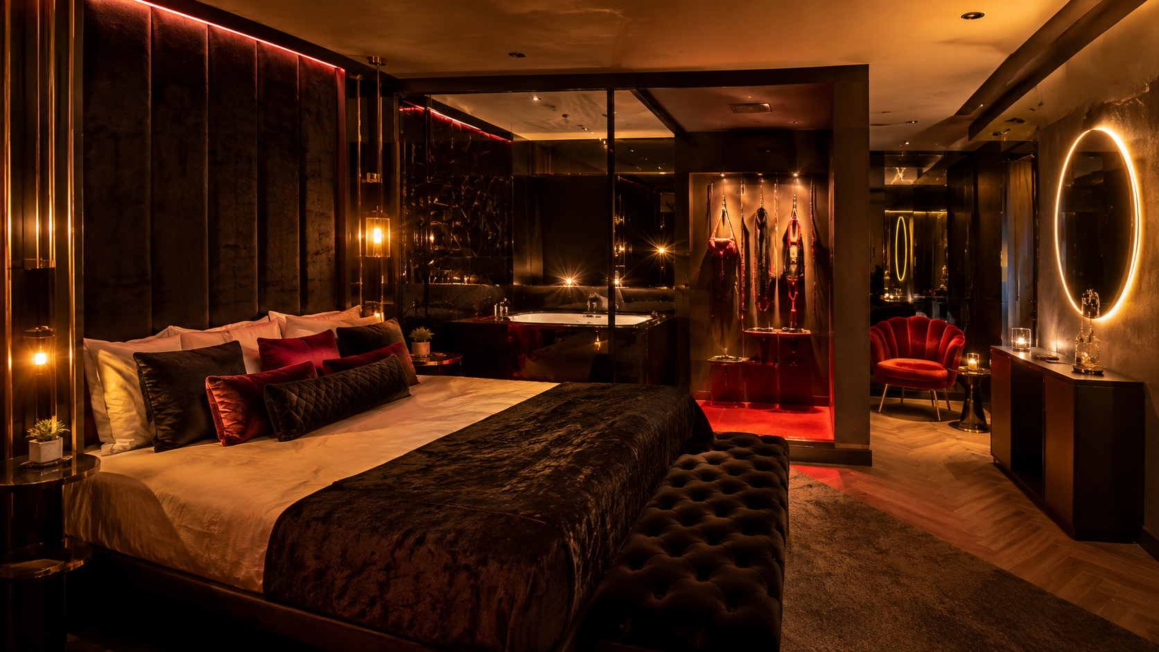 Stylish adults-only luxury bedroom with dramatic lighting, plush bedding, mirrors, and a private romantic atmosphere