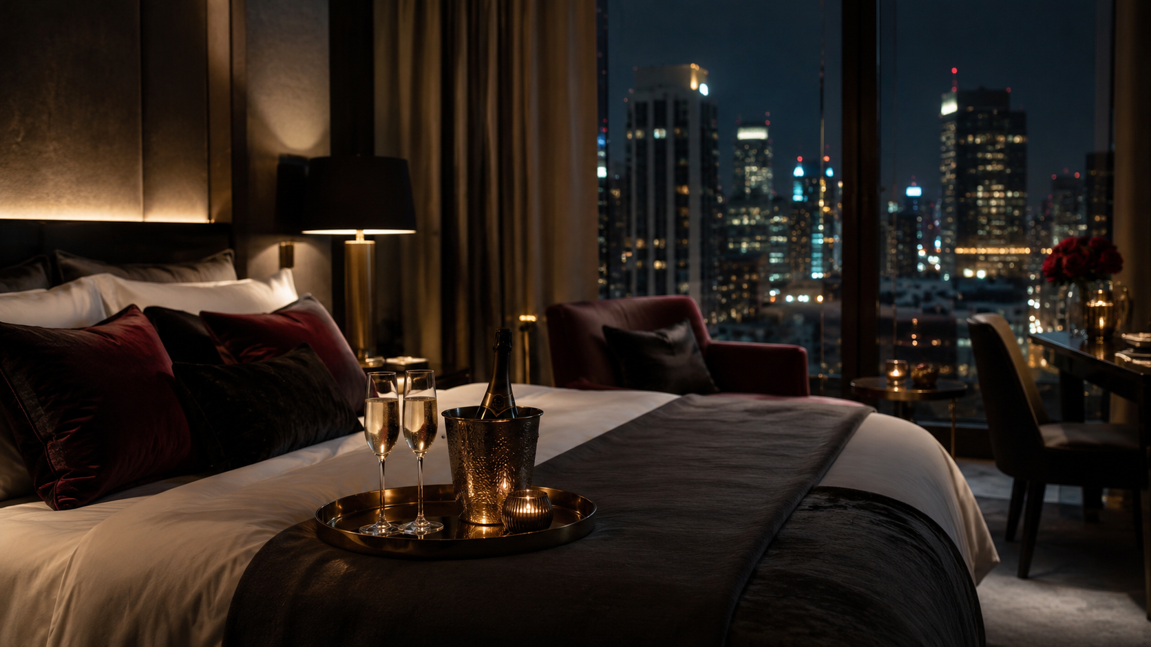 Luxury boutique hotel room at night with champagne, soft lighting, plush bedding, and a sophisticated adults-only mood
