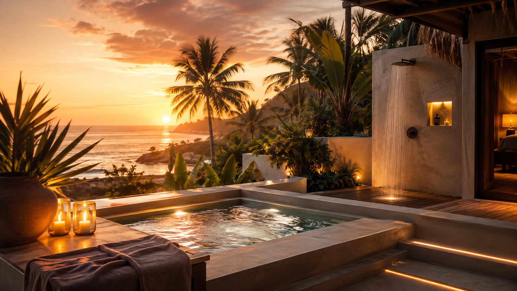 Private luxury plunge pool and outdoor shower at a secluded romantic vacation rental at sunset