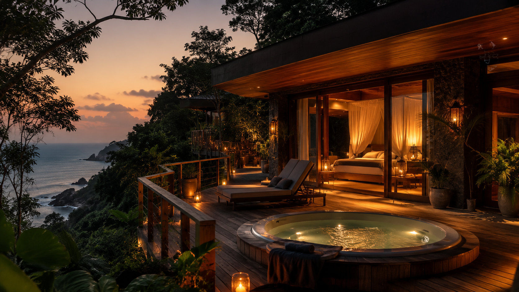 Secluded luxury cabin for couples surrounded by trees with private deck, hot tub, and warm evening lights